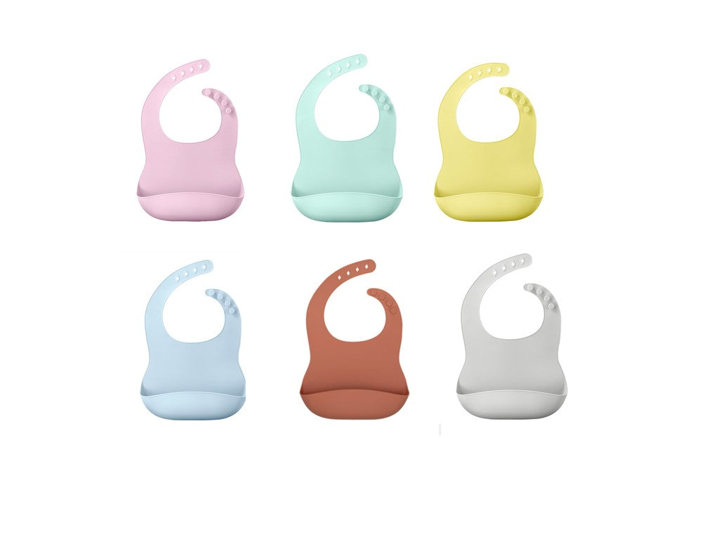 Six colorful Waterproof Baby Bibs in pastel shades, showcasing a variety of functional designs by PureAura.