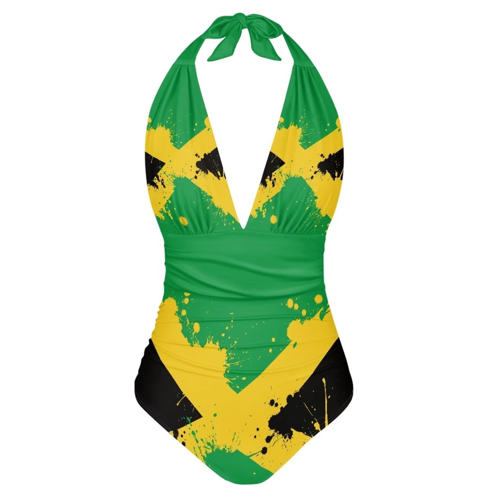 Colorful Sprowallow Flag Swimsuit for Women showcasing a Jamaican flag design, by PureAura.