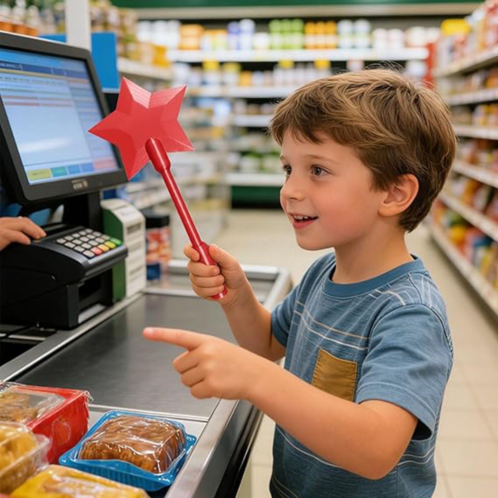 A young boy excitedly uses the red 3D Printed Tap To Pay Magic Wand by PureAura while at a checkout.