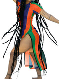 Model showcasing the vibrant LROSEY Swimsuit/Bikini Cover Up in orange, green, and blue stripes by PureAura.