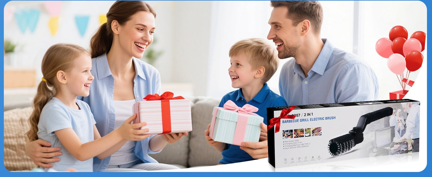 A family enjoys gift giving with the Electric BBQ Grill Brush Cleaner by PureAura in a festive setting.