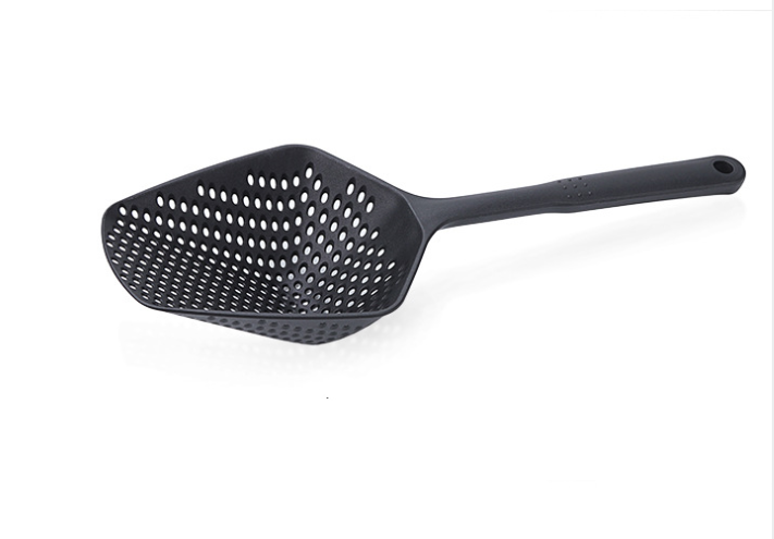 Black plastic water strainer spatula with a perforated scoop design, ideal for serving, by PureAura.