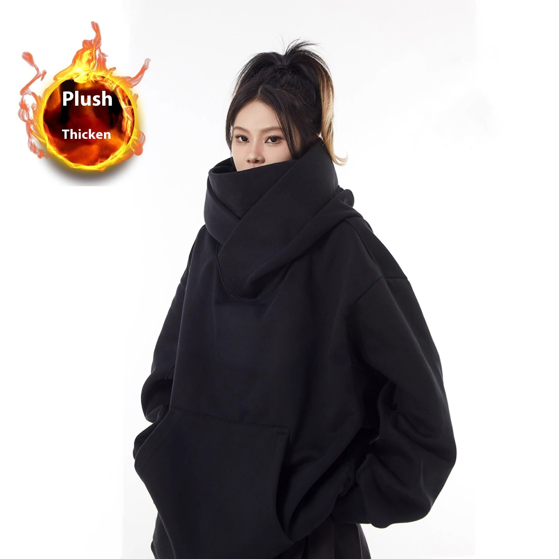 High Collar Fleece Lined Hoodie