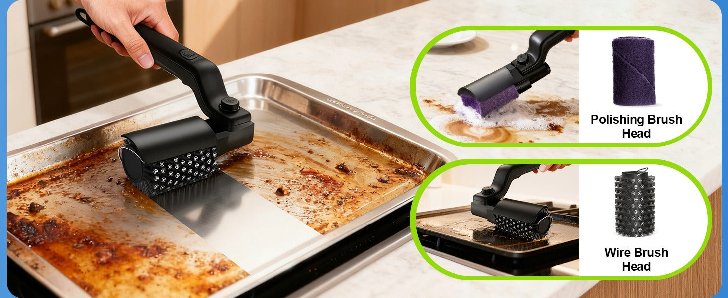 A hand using the Electric BBQ Grill Brush Cleaner by PureAura on a greasy baking sheet, showcasing its design and usability.