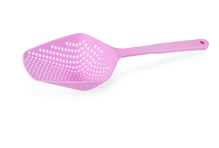 Pink Plastic Water Strainer Spatula with a perforated head and long handle for easy pouring by PureAura.