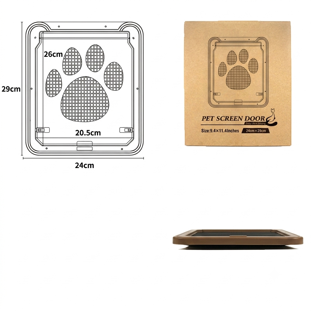 Top view sketch and packaging of the Creative Pet Door with Scratch-Resistant Design by PureAura.