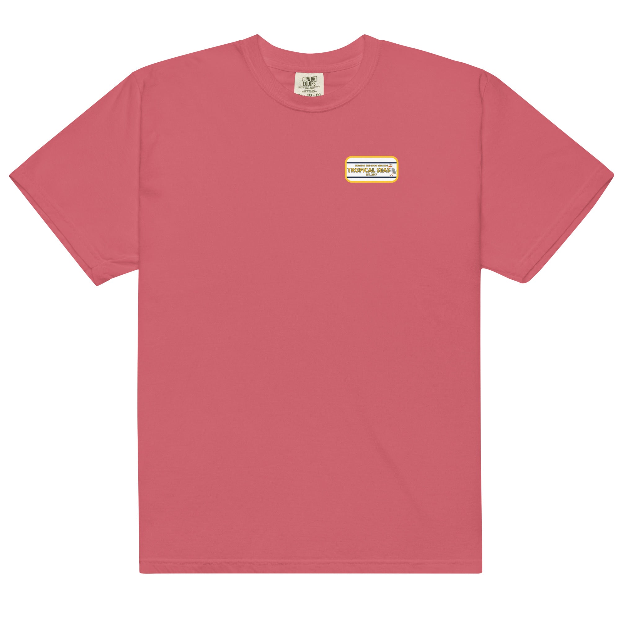 Men’s High Flying Sailor Heavyweight T-Shirt in vibrant coral, featuring a unique tropical graphic by PureAura.