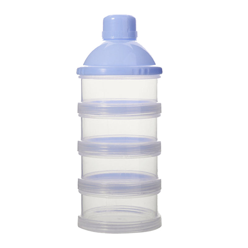 Clear 4-layer portable milk powder container with a light blue lid, ideal for on-the-go feeding by PureAura.