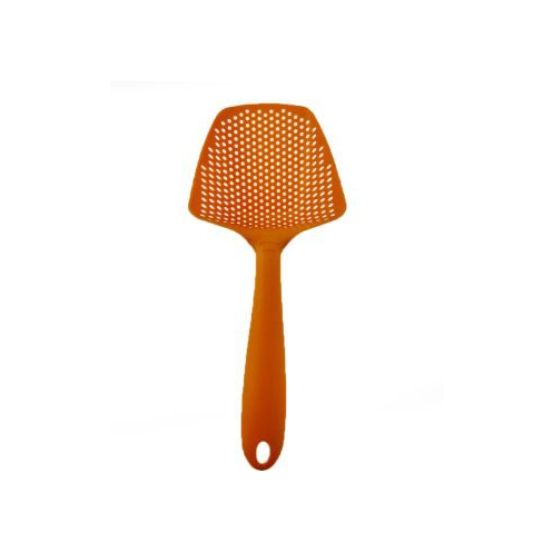 Bright orange Plastic Water Strainer Spatula, featuring a perforated head and sturdy handle, by PureAura.
