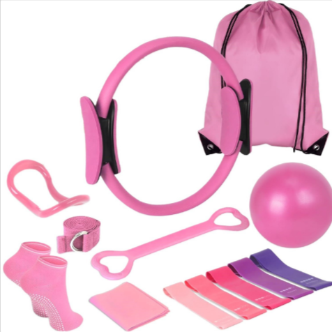 Colorful 13-Piece Yoga & Pilates Set including a pink ring, ball, bands, and accessories in a drawstring bag by PureAura.