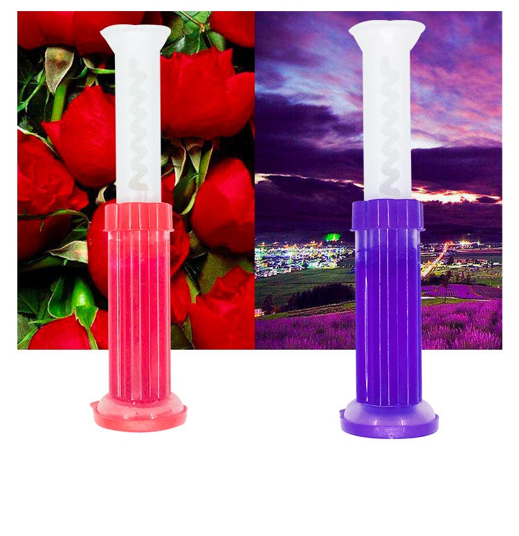 Two colorful toilet cleaning gels, red and purple, set against floral and nighttime backgrounds by PureAura.