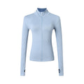 Light blue long sleeve zip sports jacket featuring unique detailing and a fitted design, ideal for yoga and running by PureAu