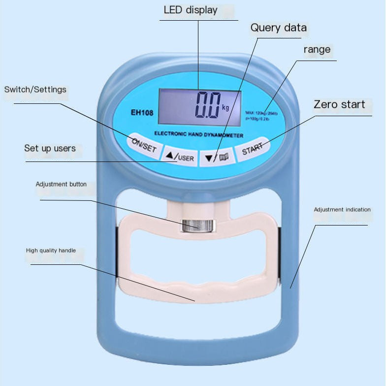 Close-up of the Adjustable Electronic Grip Strength Tester showing its LED display and ergonomic handle by PureAura.