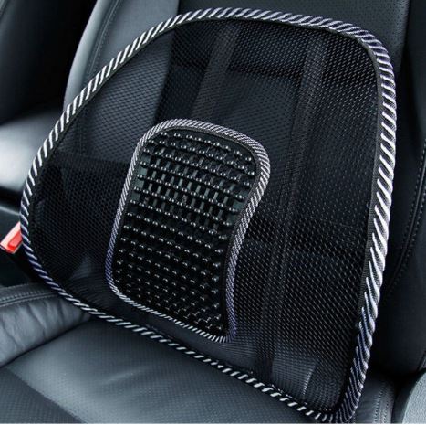 Black mesh Car Seat Chair Back Cushion with ergonomic design positioned on a car seat for added support by PureAura.