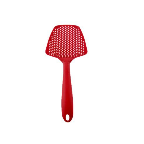 Bright red plastic water strainer spatula with a wide, perforated head for draining liquids, by PureAura.
