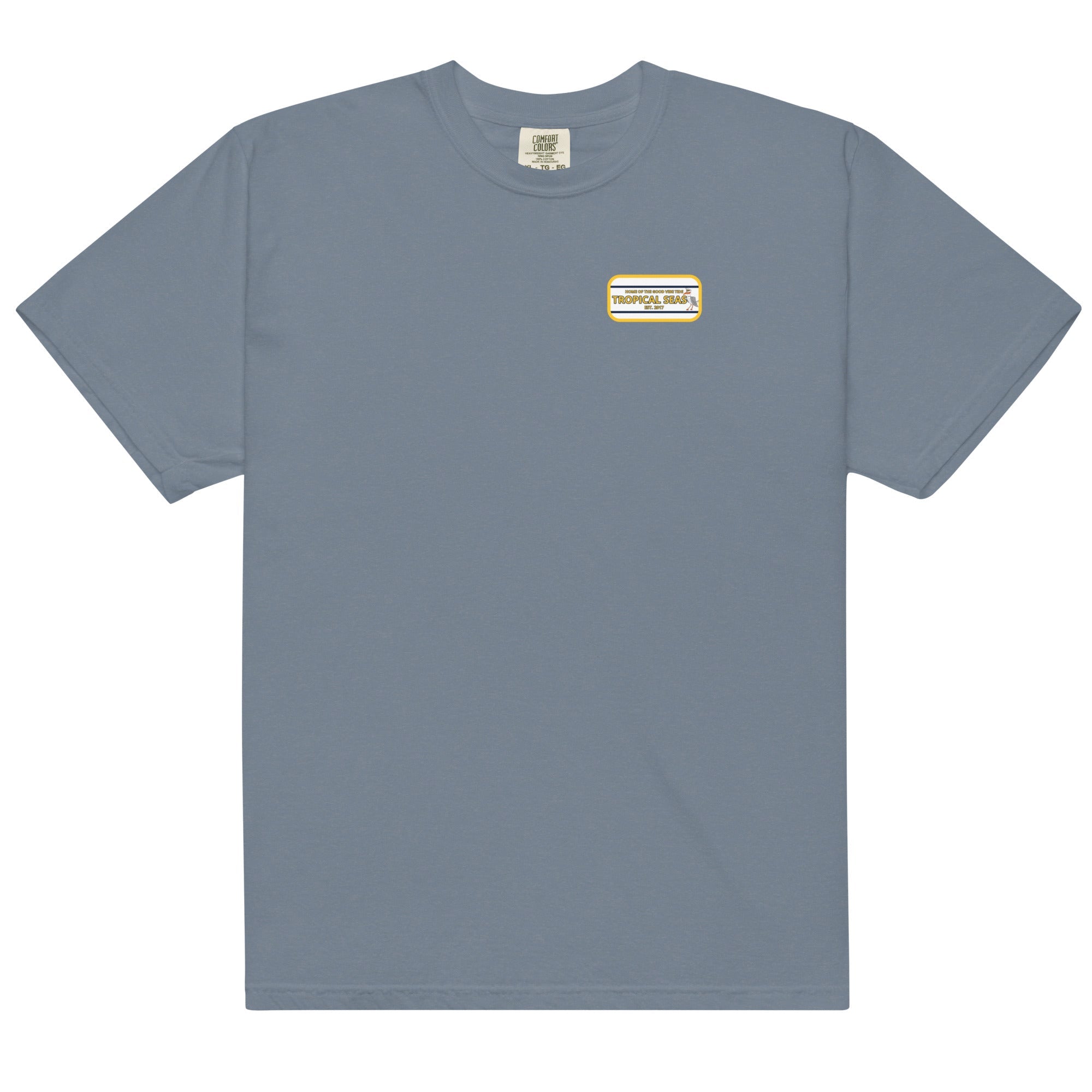 Men’s High Flying Sailor Heavyweight T-Shirt in blue with a colorful logo on the front by PureAura.