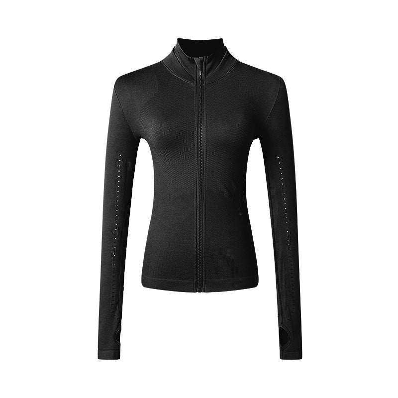 Sleek long sleeve zip sports jacket in black, featuring modern design elements, perfect for yoga and running by PureAura.