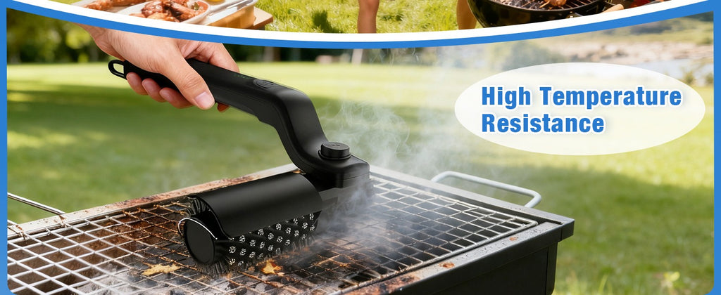 A hand using the Electric BBQ Grill Brush Cleaner by PureAura on a grill with smoke rising outdoors.