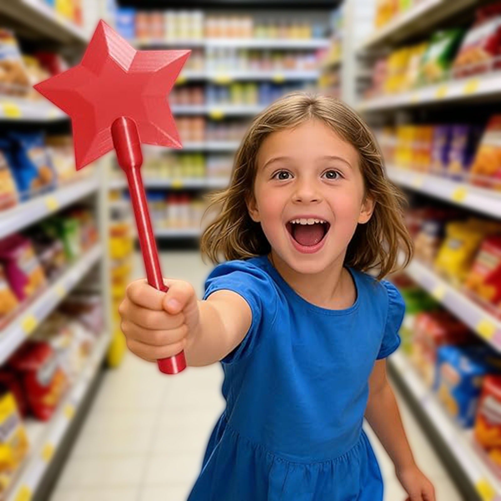 A joyful girl in a blue dress holds a red star-shaped wand in a colorful grocery aisle, showcasing the 3D Printed Tap To Pay 