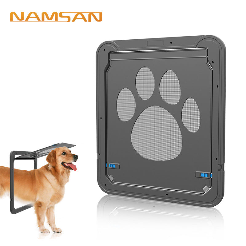 Creative Pet Door featuring a scratch-resistant design and paw print mesh, with a golden retriever beside it by PureAura.