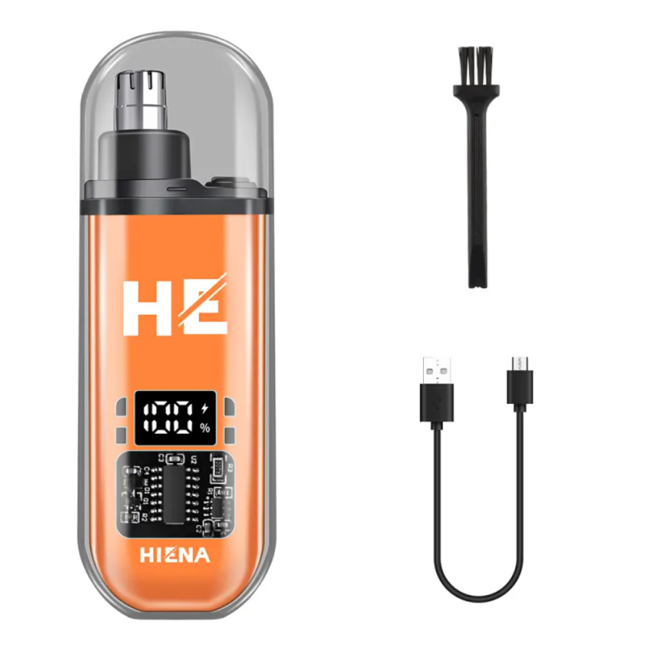 Bright orange Portable Electric Nose Hair Trimmer showcasing a digital display and accessories by PureAura.