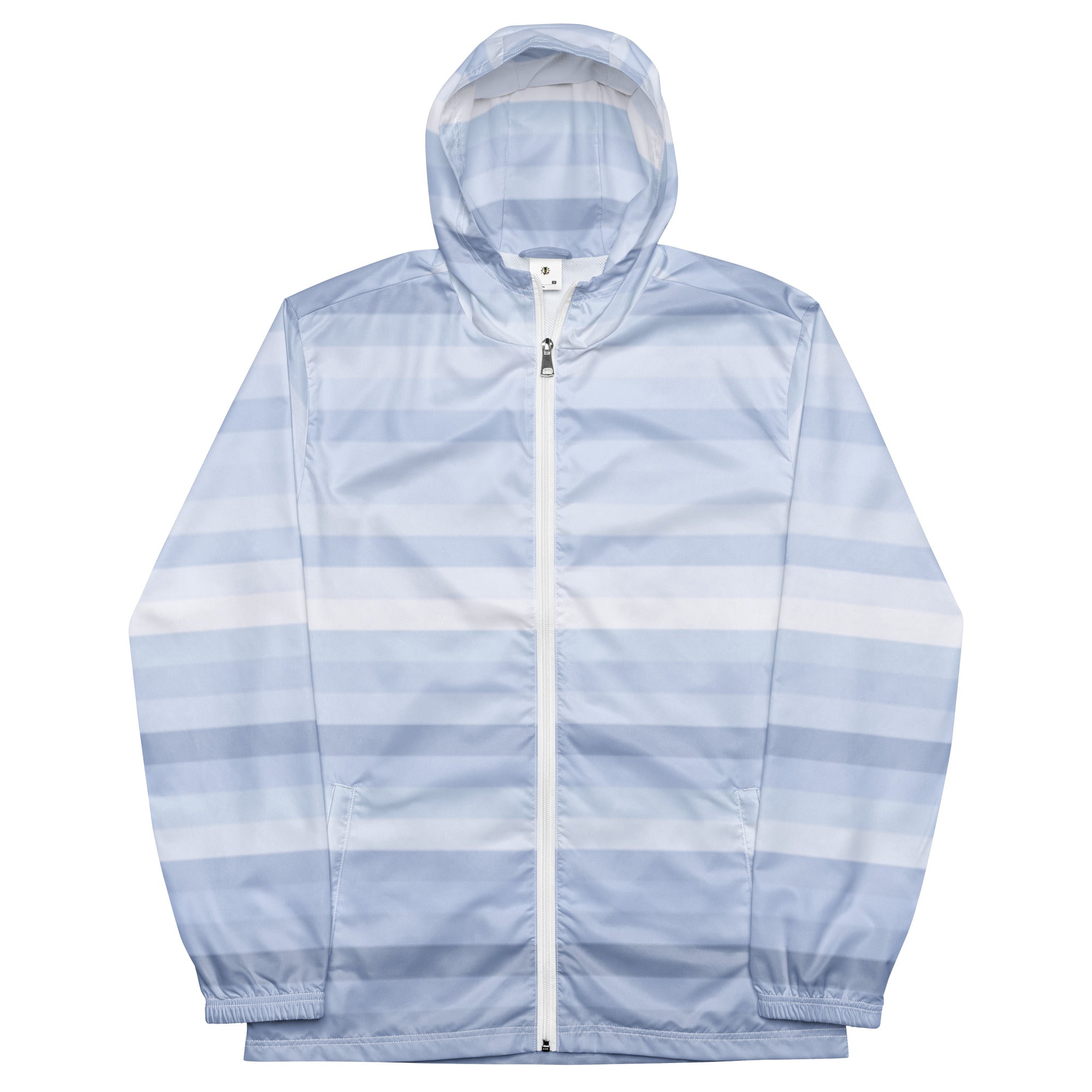 Lightweight Men’s Tropical Foggy Blue Windbreaker features a striped design and hood, perfect for breezy days by PureAura.