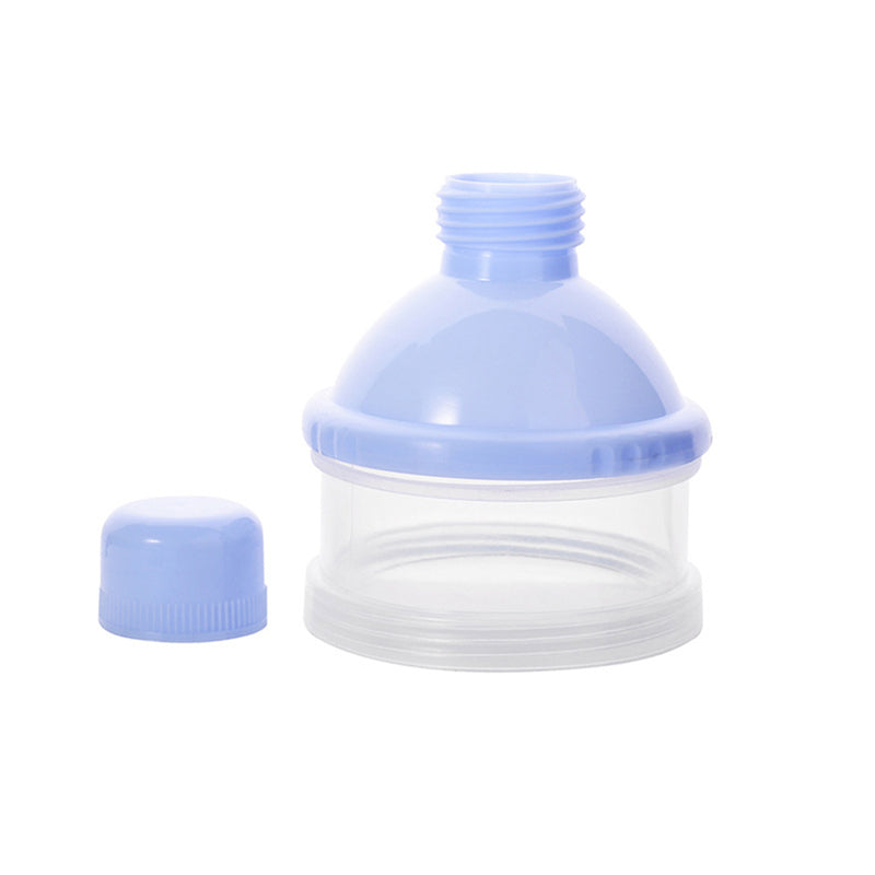 Translucent container with a blue lid, showcasing the Dora Baby 4-Layer Portable Milk Powder Container by PureAura.
