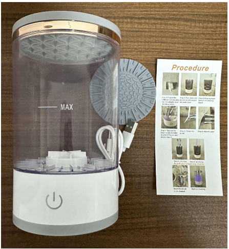 Rechargeable Automatic Makeup Brush Cleaner and Washer in sleek design with instruction guide by My Store.