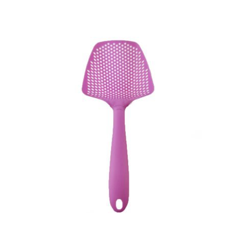 Purple plastic water strainer spatula with a wide head and handle, ideal for scooping, by PureAura.