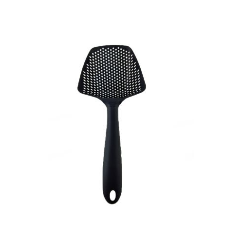 Black plastic water strainer spatula with a perforated head and a sturdy handle by PureAura.