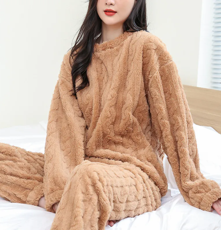 Cozy Winter Coral Velvet Pajama Set in warm beige, featuring a pullover and pants, styled by PureAura.