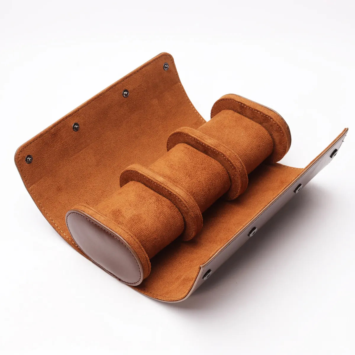 Brown suede 3 Slots Travel Watch Case with leather accents, designed for elegant storage by PureAura.