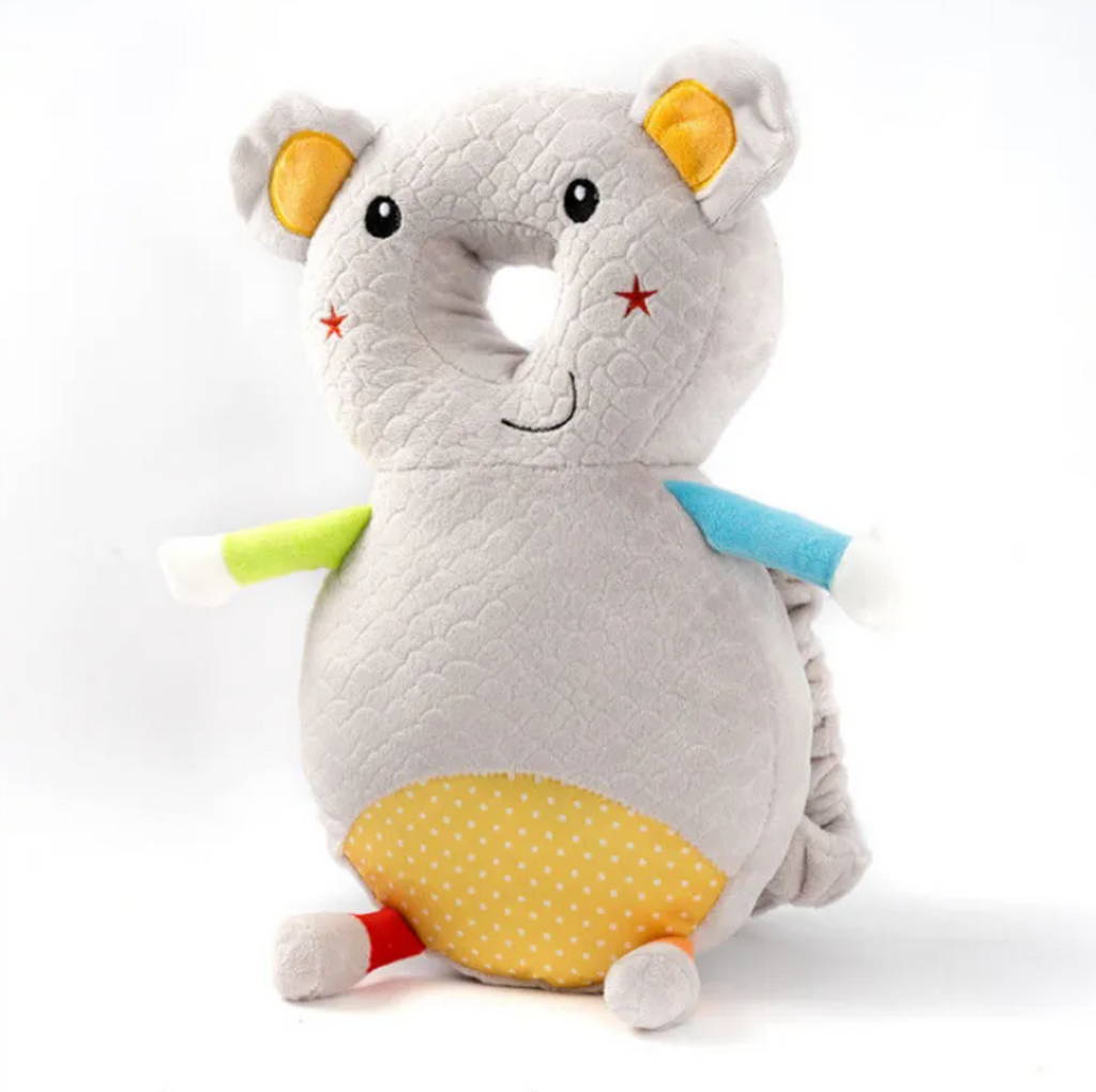 Gray plush toddler head protection pad featuring colorful arms and a cute face, perfect for safe play by PureAura.
