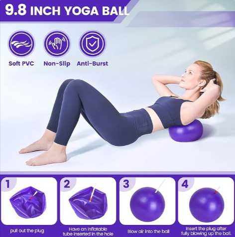 A woman performs an exercise with a purple 9.8 inch yoga ball, demonstrating its anti-burst capability by PureAura.