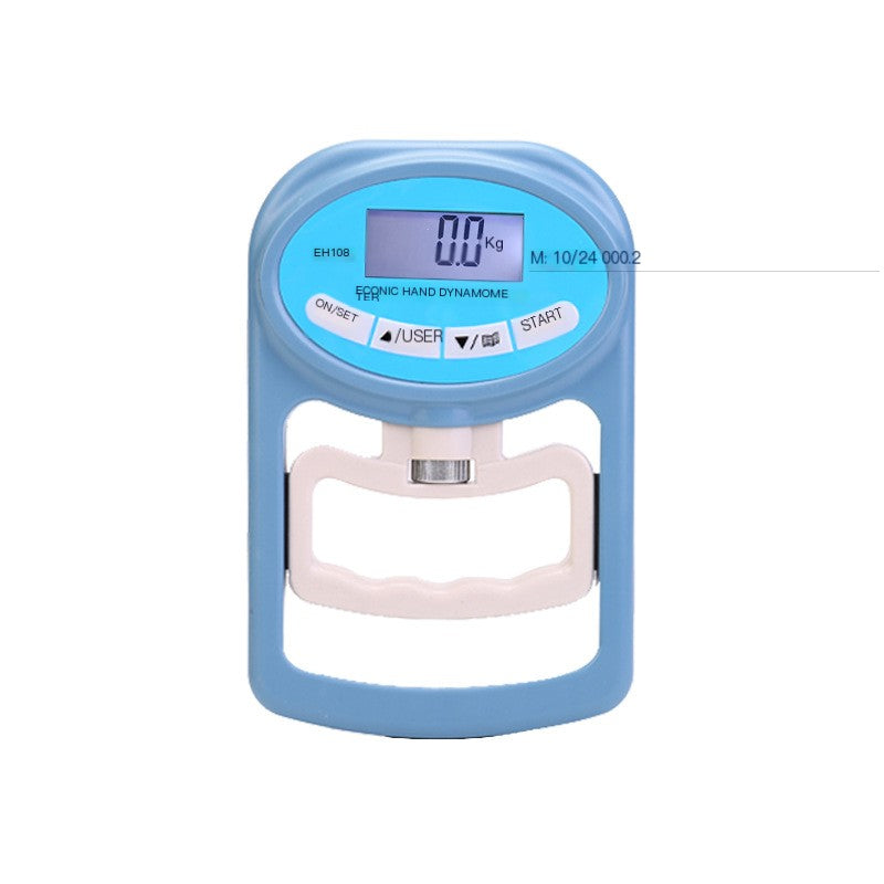 The blue Adjustable Electronic Grip Strength Tester displays a digital readout, designed for fitness by PureAura.