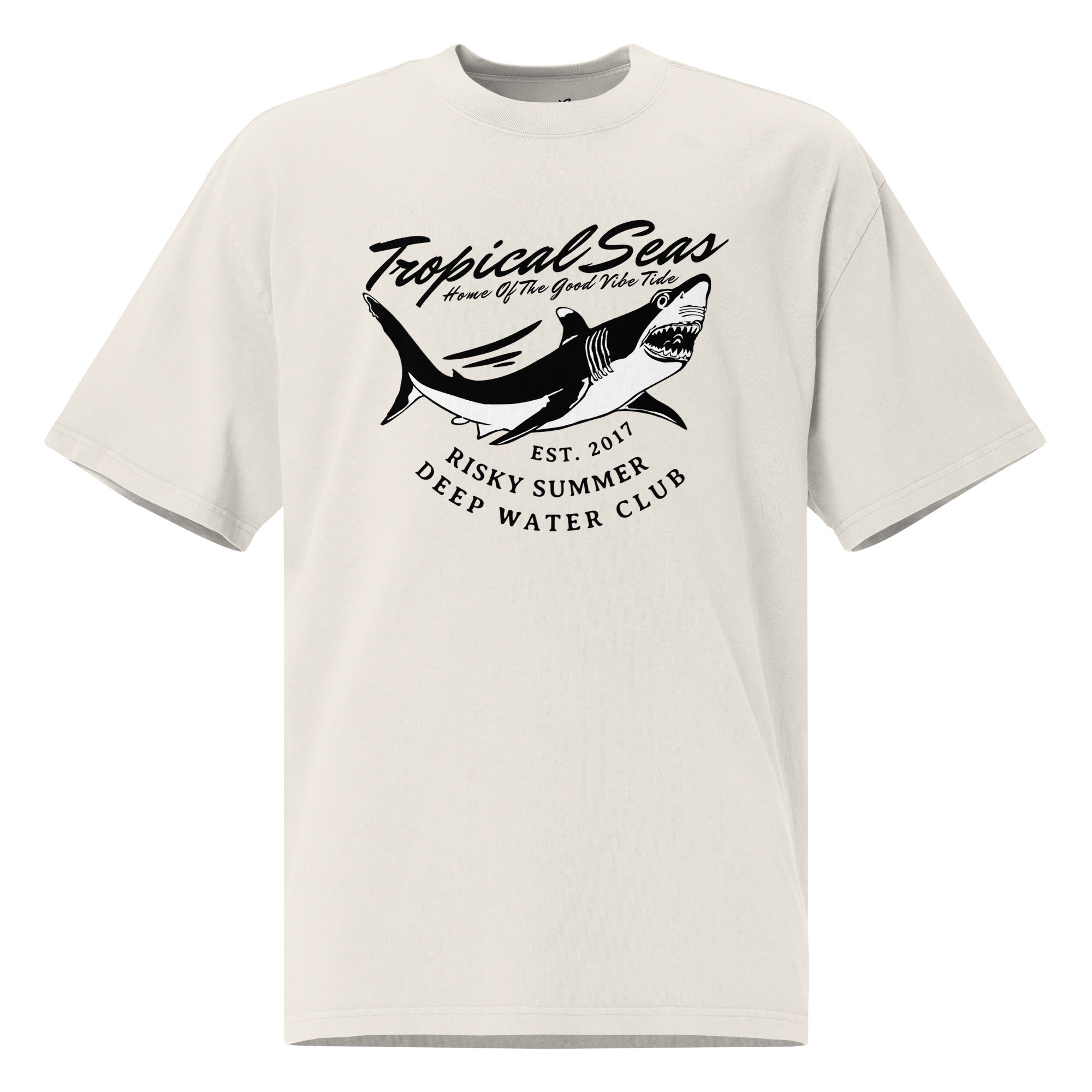 Faded cream oversized t-shirt featuring a shark graphic and text design, Oversized Sharky Deep Water Club by PureAura.