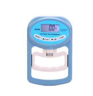 Adjustable Electronic Grip Strength Tester displaying digital readout, featuring a blue and white ergonomic handle by PureAur