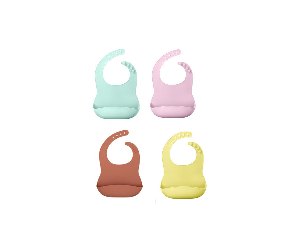 Four colorful Waterproof Baby Bibs by PureAura in pink, mint, yellow, and brown displayed in a neat arrangement.