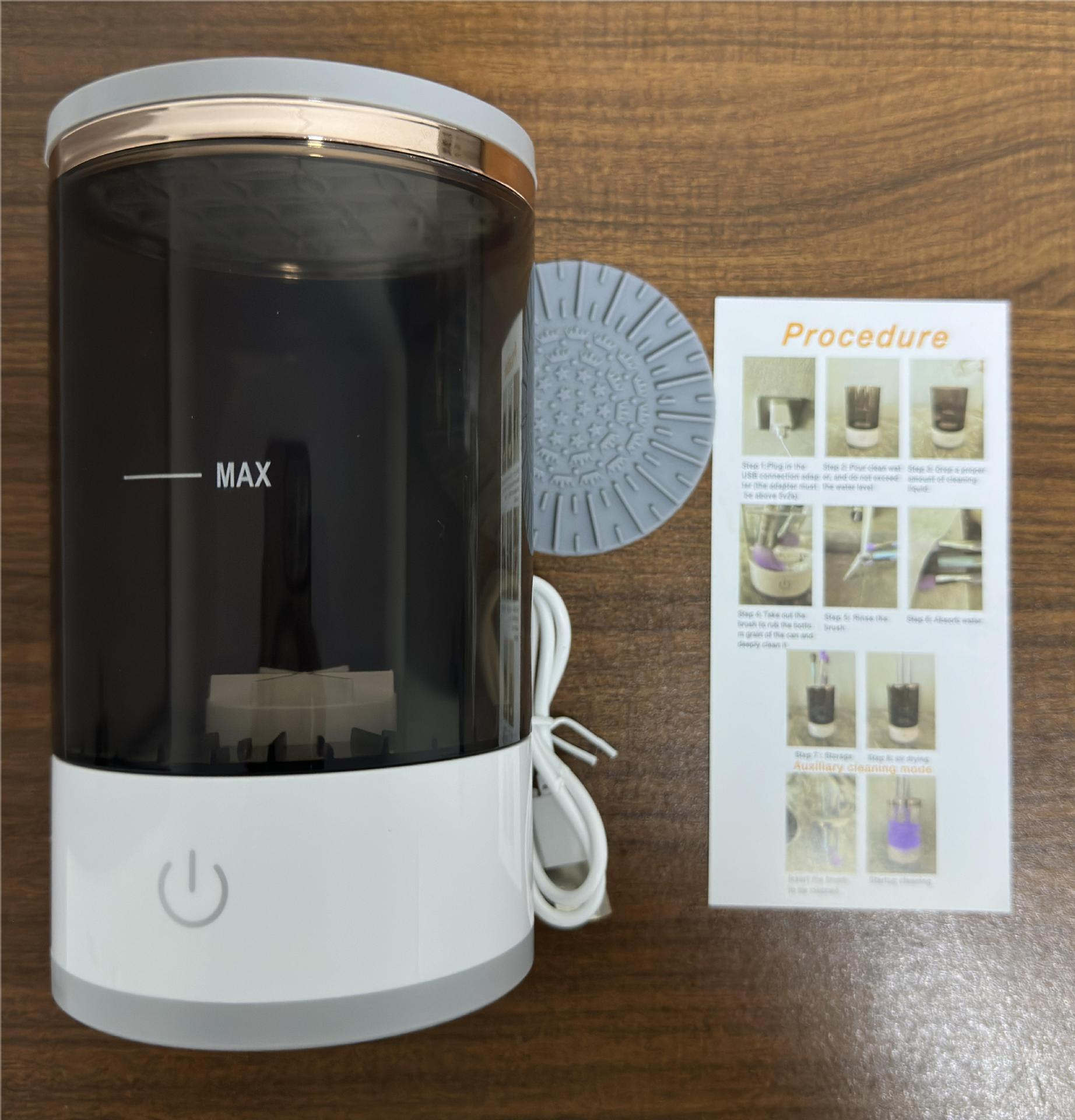 Makeup Brush Cleaner with a sleek design and user instructions, featuring a maximum fill line, by PureAura.