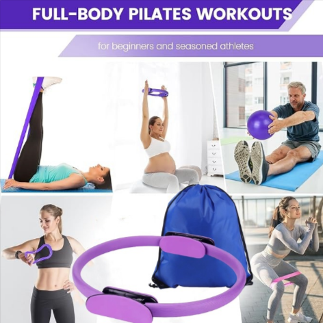 A vibrant purple Pilates ring and accessories featured in use by diverse individuals, showcasing the 13-Piece Yoga & Pilates 