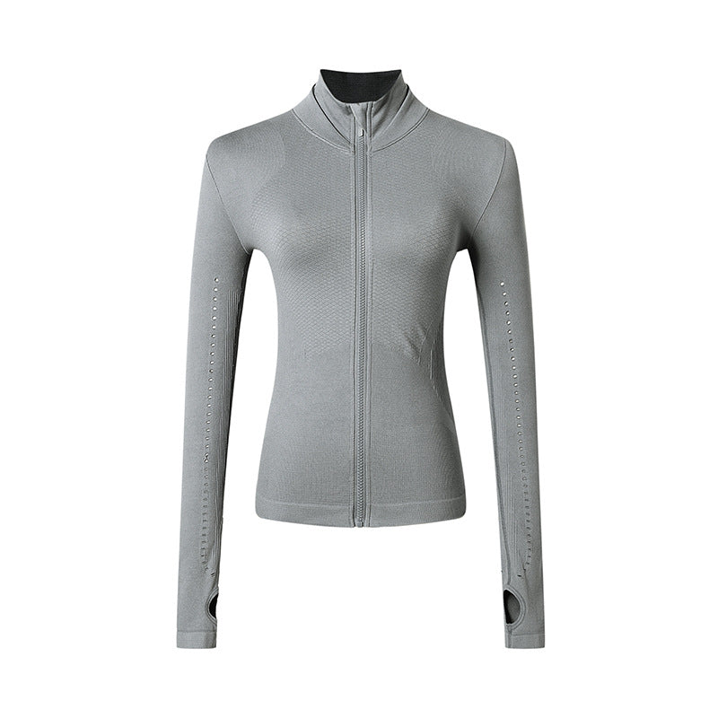 Light grey Women's Long Sleeve Zip Sports Jacket designed for yoga and running, featuring thumbholes for added comfort by Pur