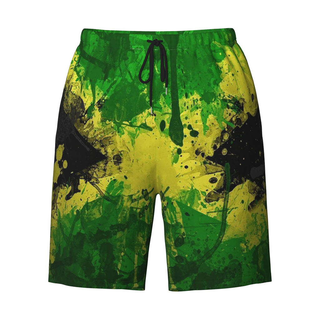 Vibrant green and yellow splash-patterned JUHIOPOI Mens Jamaica Swim Trunks by PureAura.