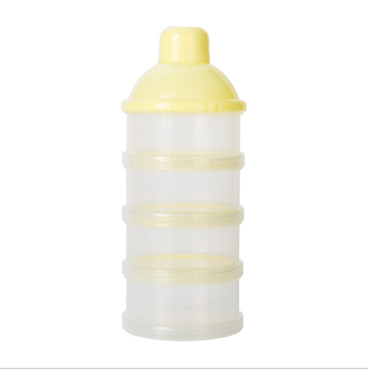 Clear 4-layer milk powder container with a yellow lid, ideal for on-the-go feeding, Dora Baby by PureAura.