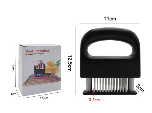 The 48 Blades Stainless Steel Meat Tenderizer Hammer in black, shown next to its packaging, by PureAura.