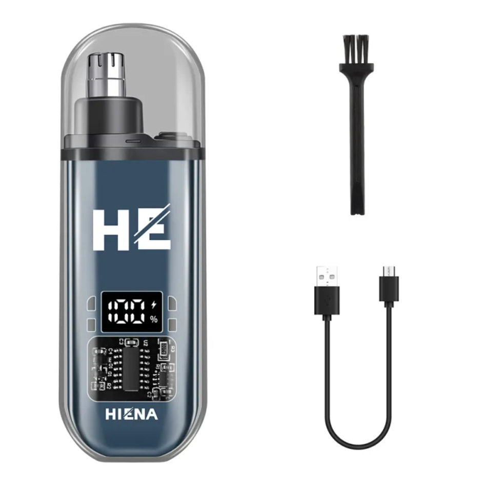 Portable Electric Nose Hair Trimmer in sleek blue with digital display, USB cable, and cleaning brush by PureAura.