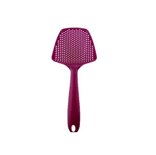 Purple plastic water strainer spatula with a wide head and holes for draining, by PureAura.