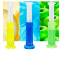 Three vibrant toilet cleaning gel applicators in yellow, blue, and green against colorful backgrounds by PureAura.