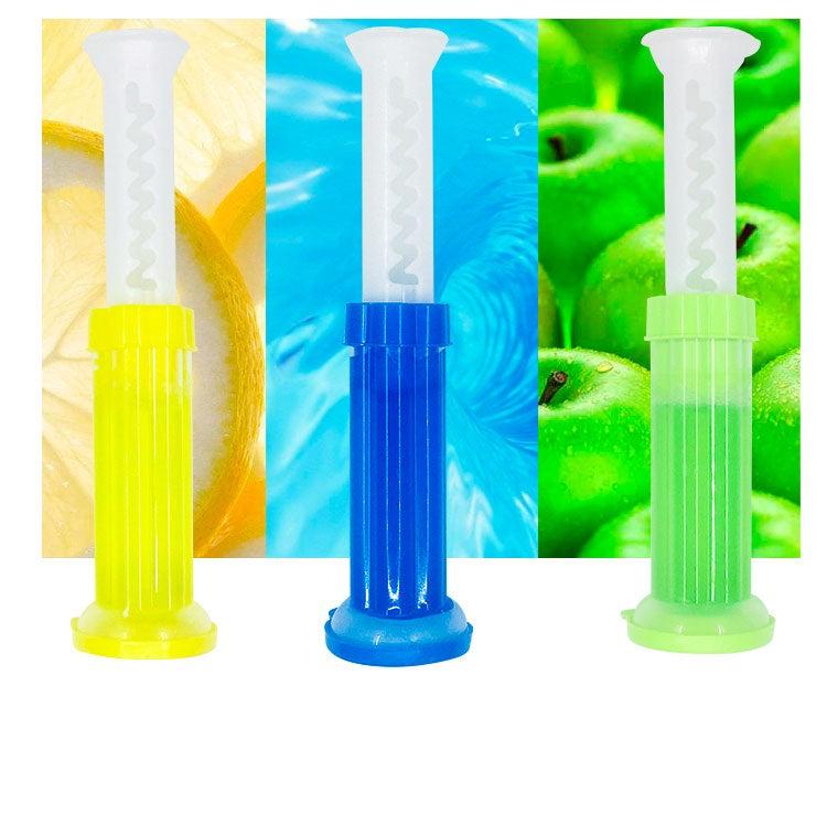 Three vibrant toilet cleaning gel applicators in yellow, blue, and green against colorful backgrounds by PureAura.