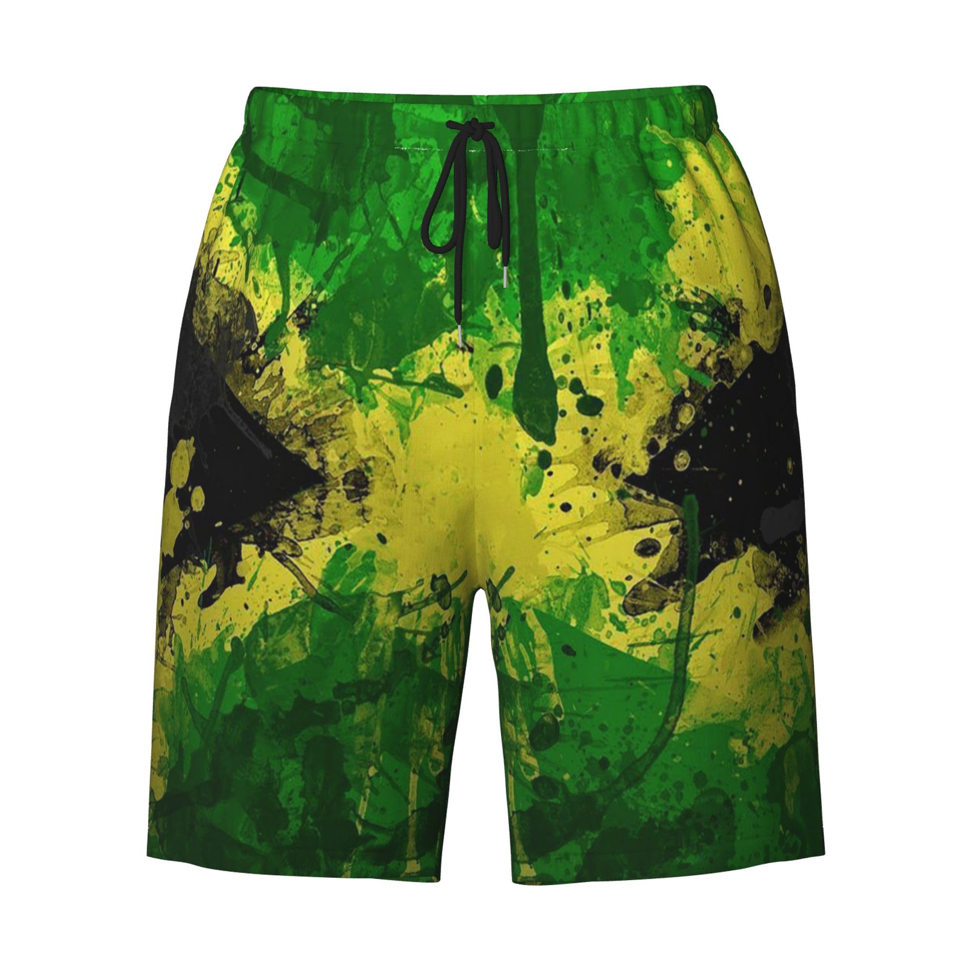 Colorful Jamaica-themed swim trunks featuring a vibrant splatter design in green, yellow, and black by PureAura.