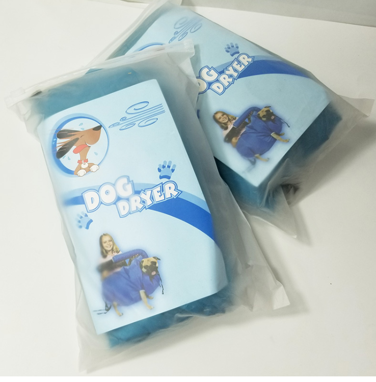 Two packs of the Pet Drying Box, Dryer, and Drying Bag with a blue design by PureAura.